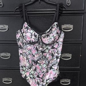 Floral Lace Women's Bodysuit - Black and Pink